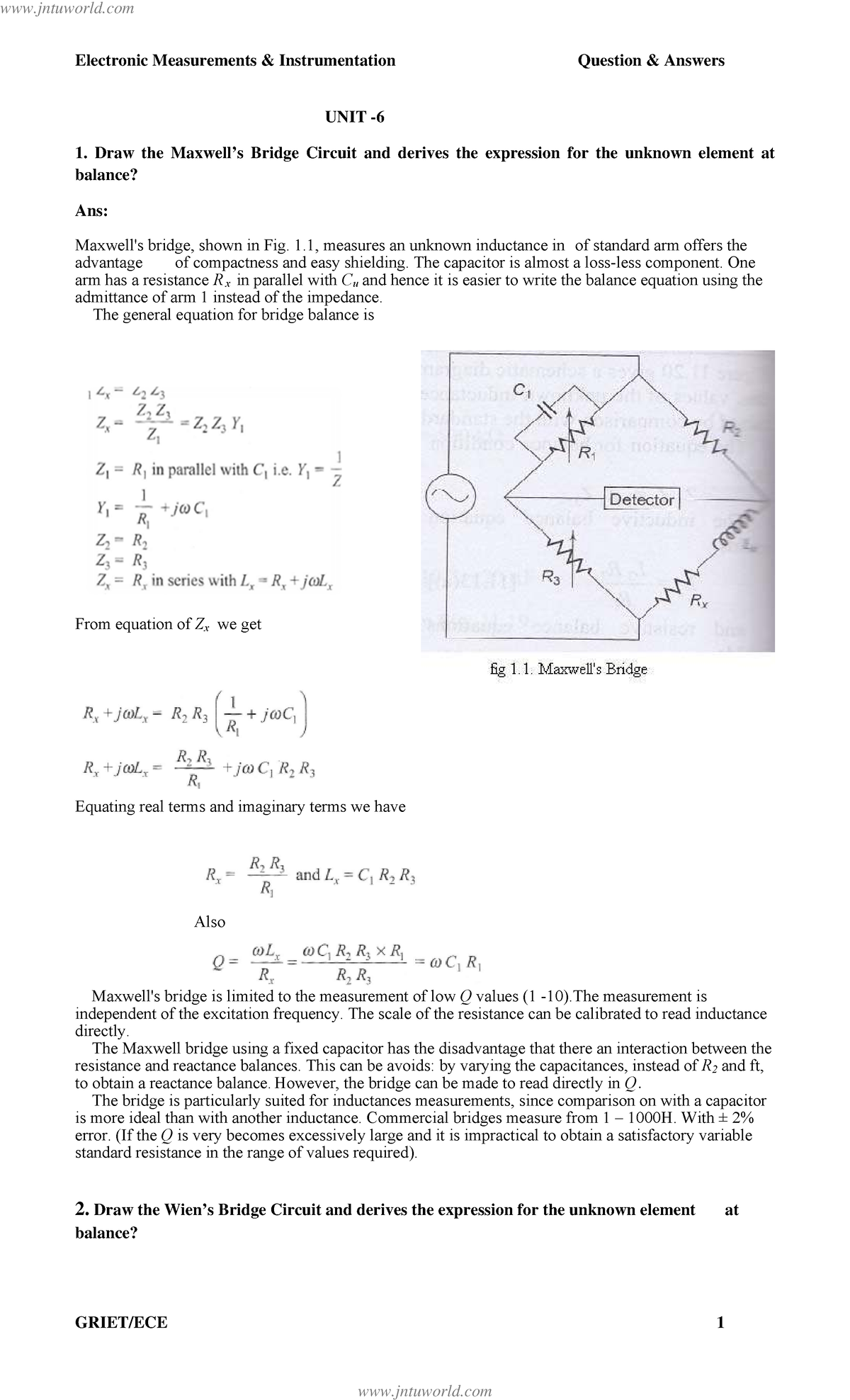Electronic Measurements Instrumentation: AC Bridge Measurement UNIT II ...