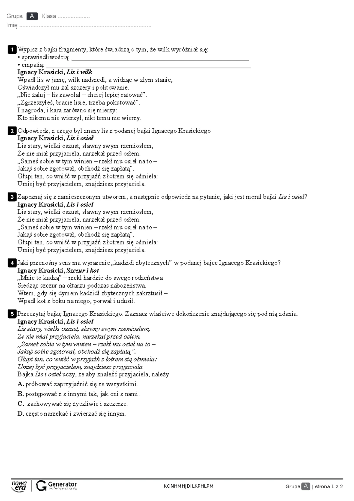 Sprawdzian Z Bajek Ignacego Krasinskiego