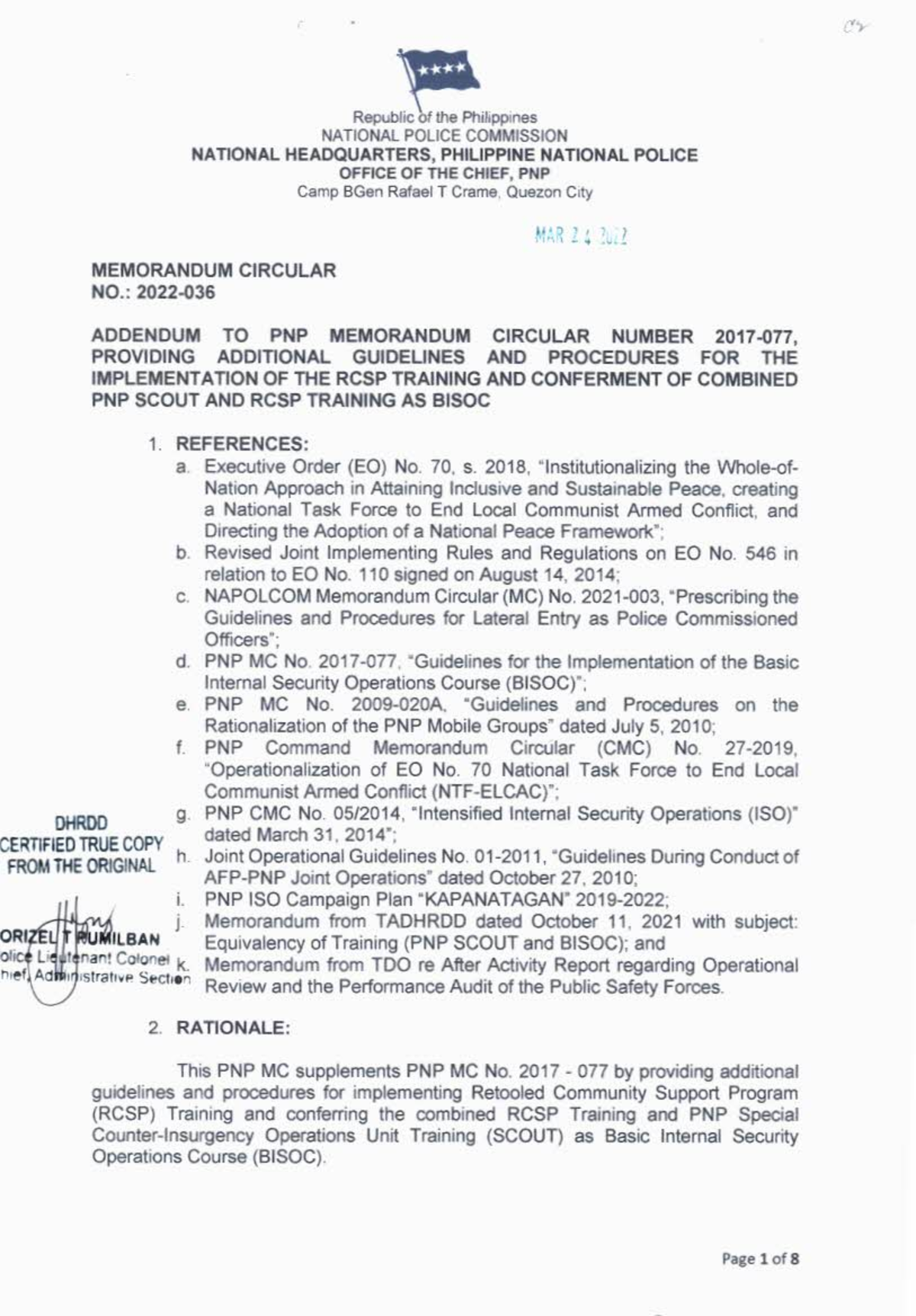 PNP MC No. 2022-03: Guidelines for RCSP and BISOC Training ...
