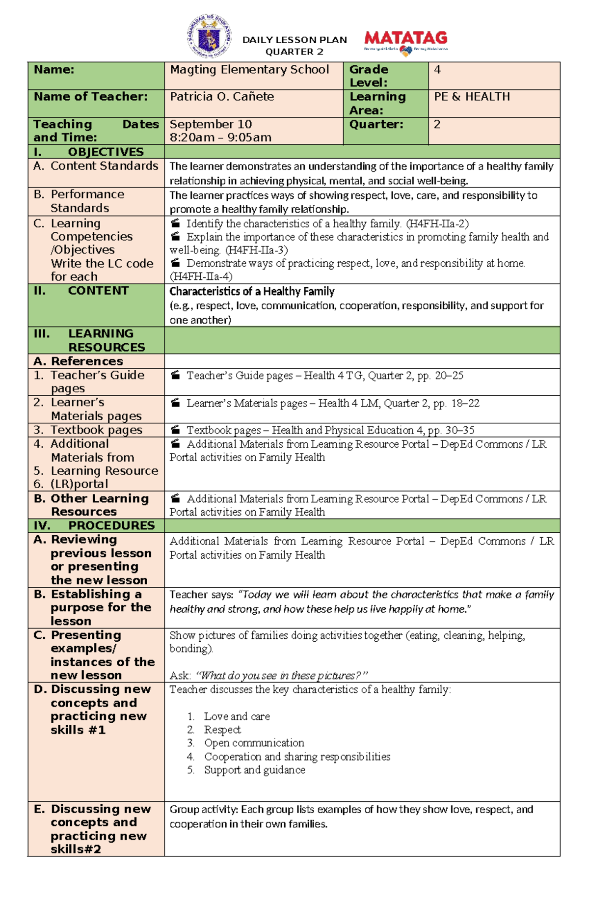 DAILY LESSON PLAN QUARTER 2: PE HEALTH & FILIPINO 2 by Patricia O ...