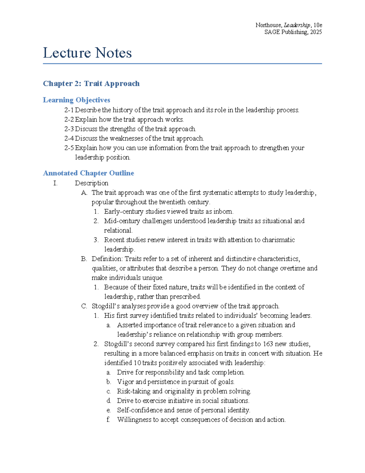 Northouse 10e LN02 - Lecture Notes on Trait Approach in Leadership ...