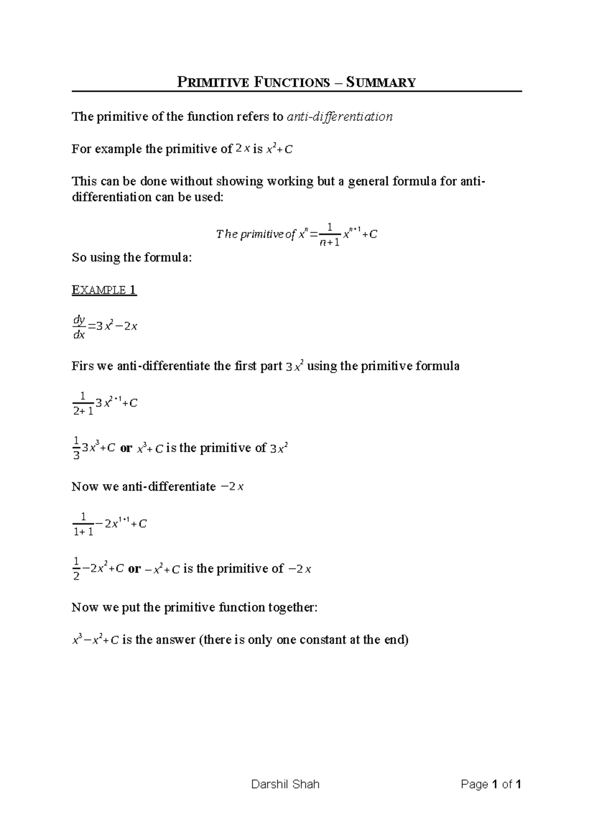 Maths 2U Notes - Summary of Primitive Functions and Anti ...