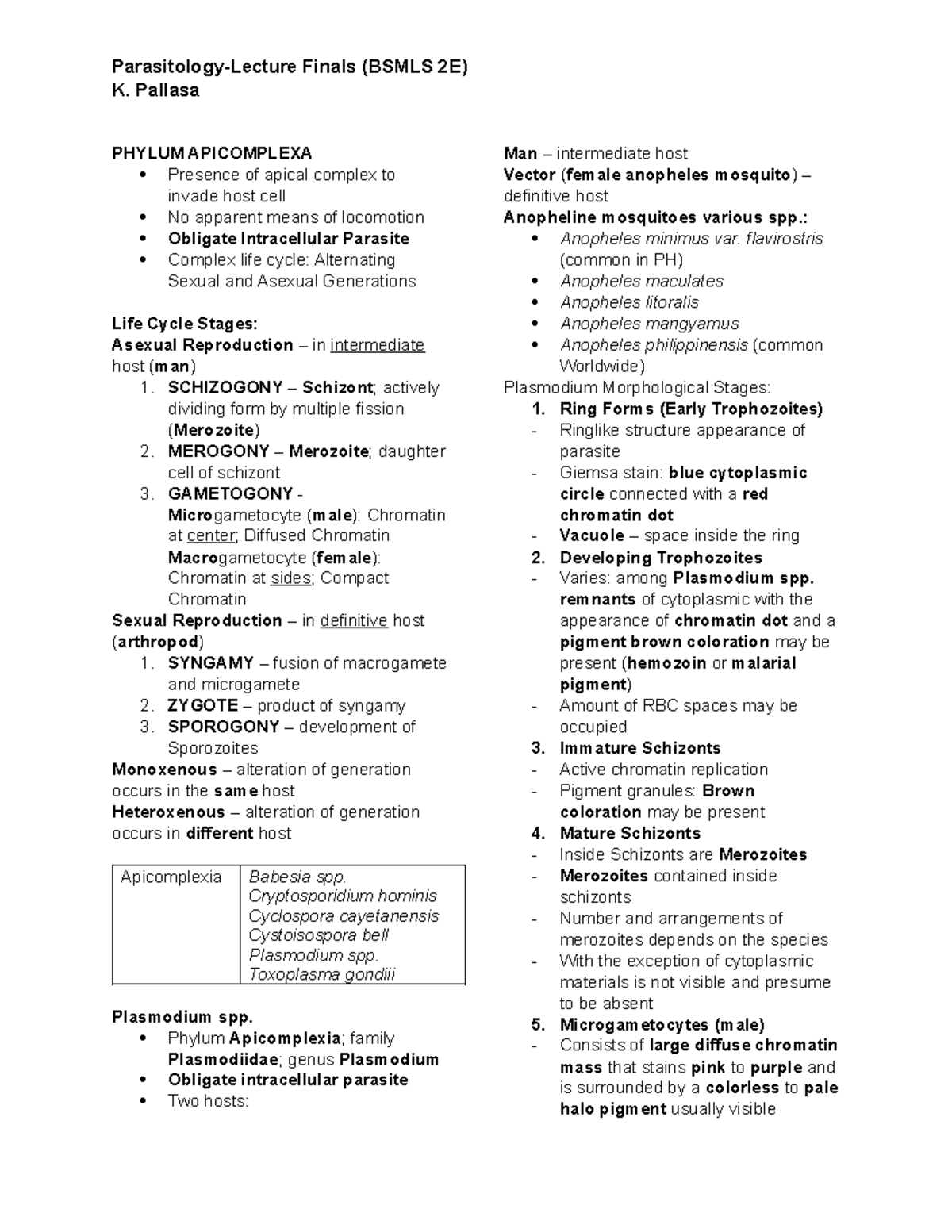 Final Exam Study Notes on Phylum Apicomplexa (BSMLS 2E) - Studocu