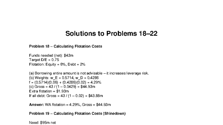 Case Solutions to Problems 18-22: Flotation Costs Analysis - Studocu