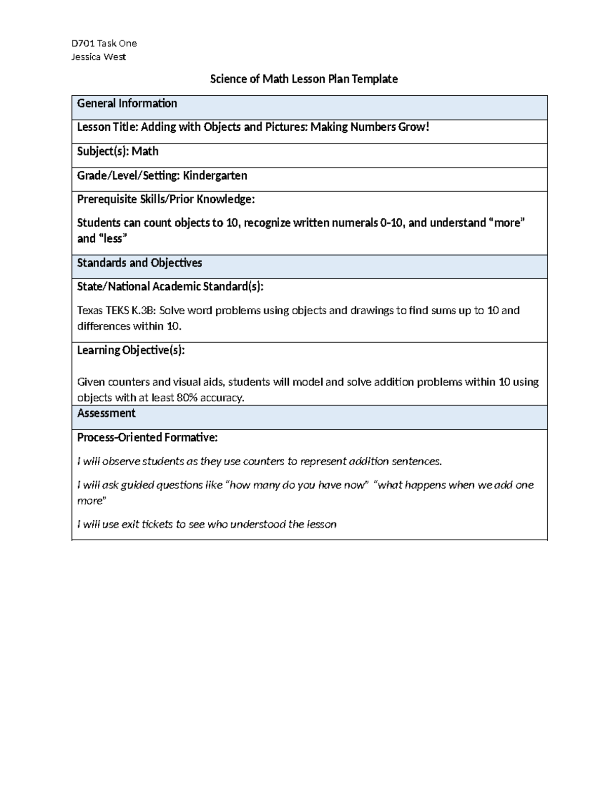 D701 Task One: Math Lesson Plan for Adding with Objects in K - Studocu