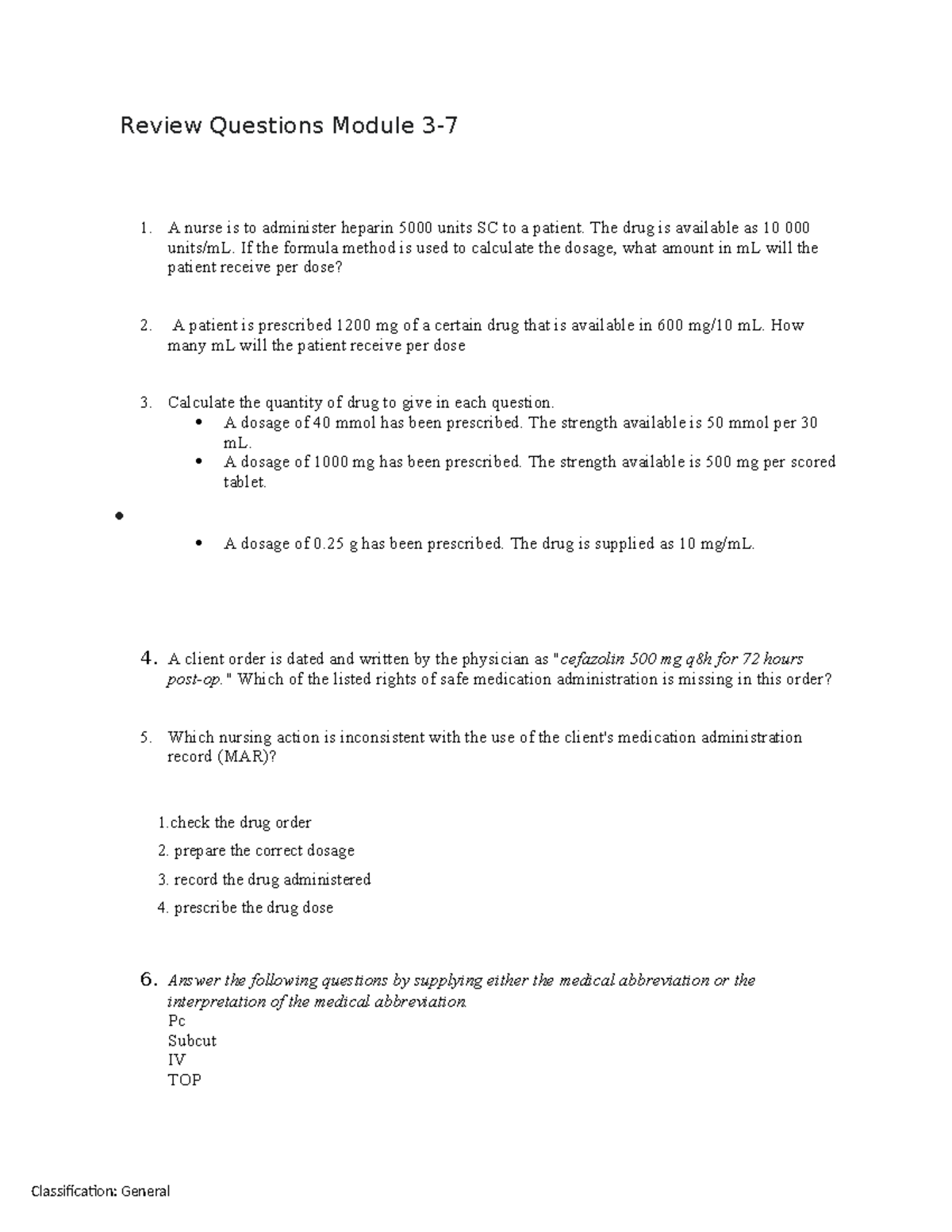 Review Questions for Nursing Dosage Calculations Module 3-7 - Studocu