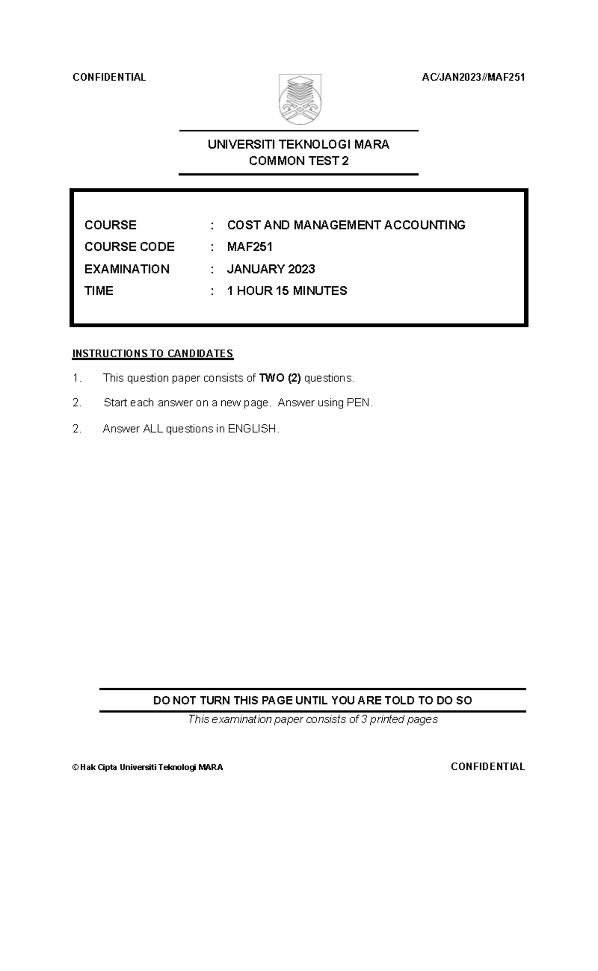 MAF251 Common Test 2: Cost & Management Accounting - Jan 2023 - Studocu