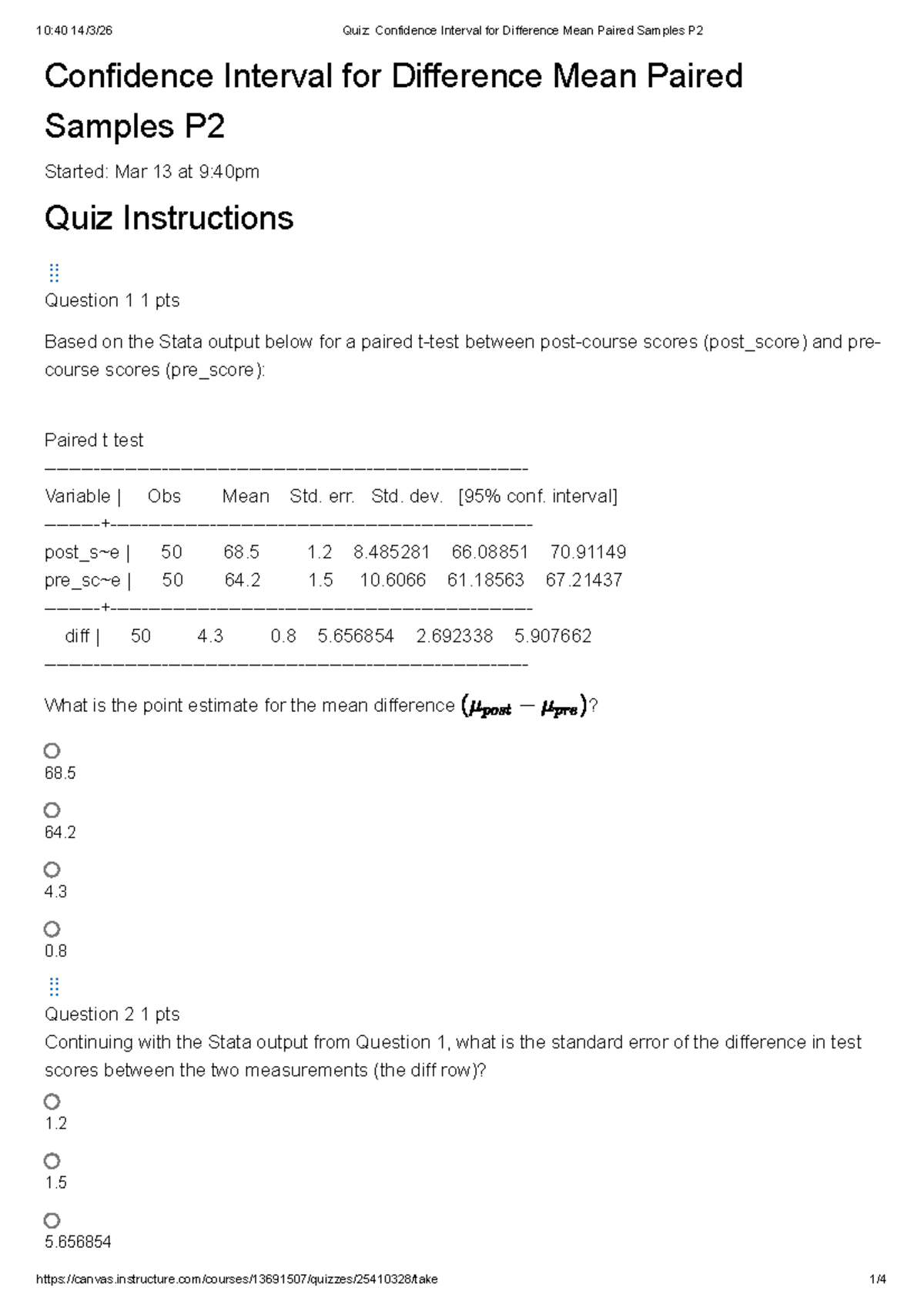10:40 Quiz: Confidence Interval for Mean Difference in Paired Samples ...