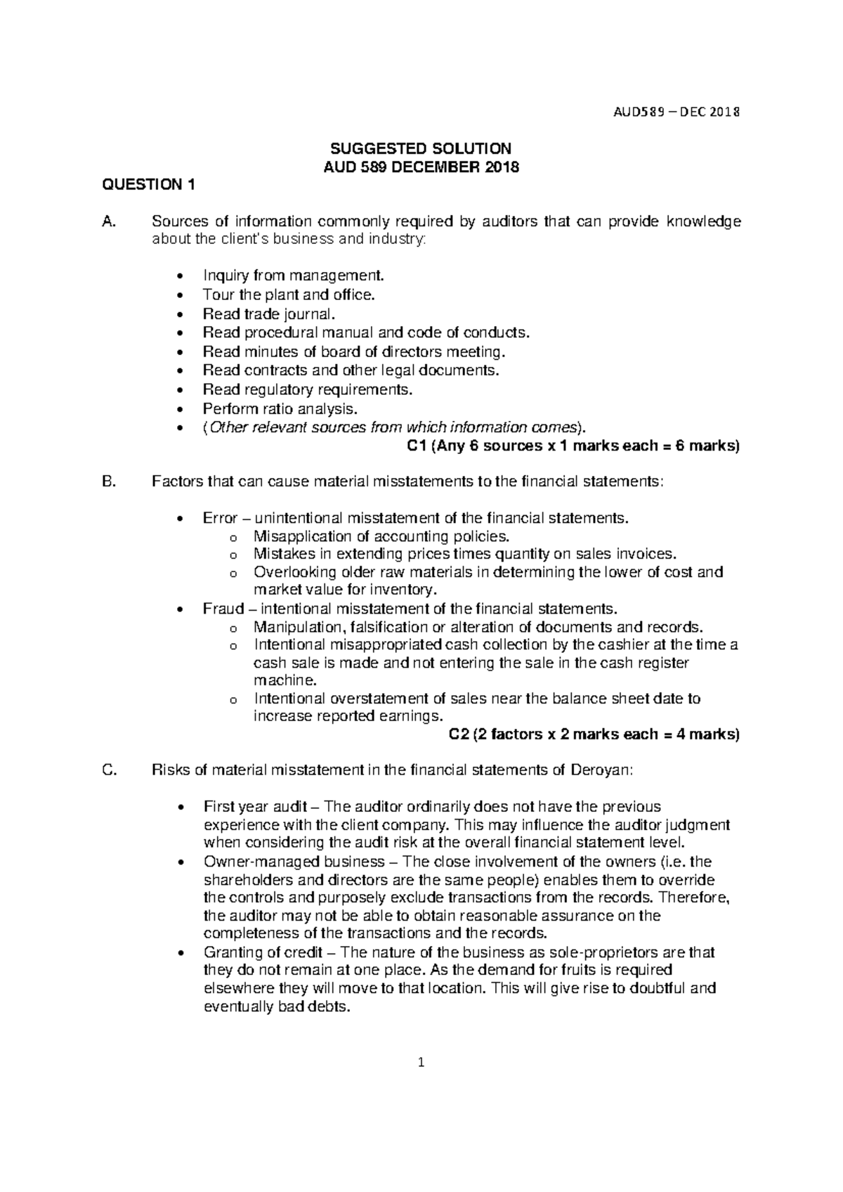 AUD589 Final Exam Suggested Solutions - December 2018 - Studocu