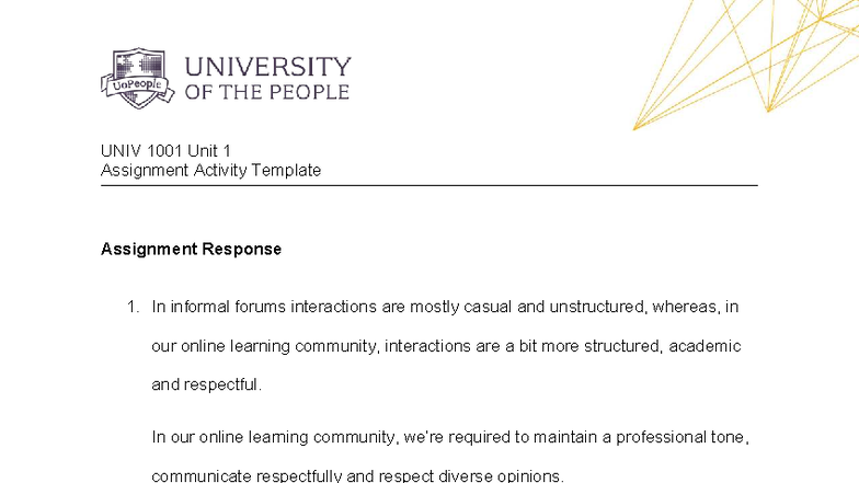 UNIV 1001 Unit 1 Assignment: Adapting to Online Learning Communities ...