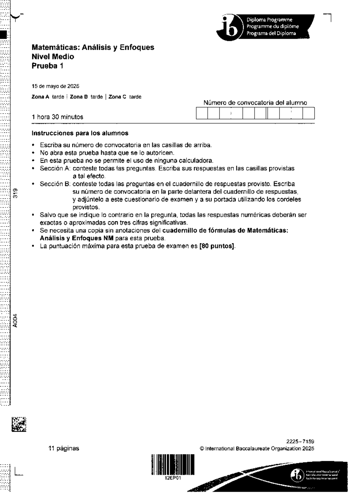 Matemáticas: Análisis y Enfoques NM - Prueba 1 - 15 de mayo 2025 - Document Preview