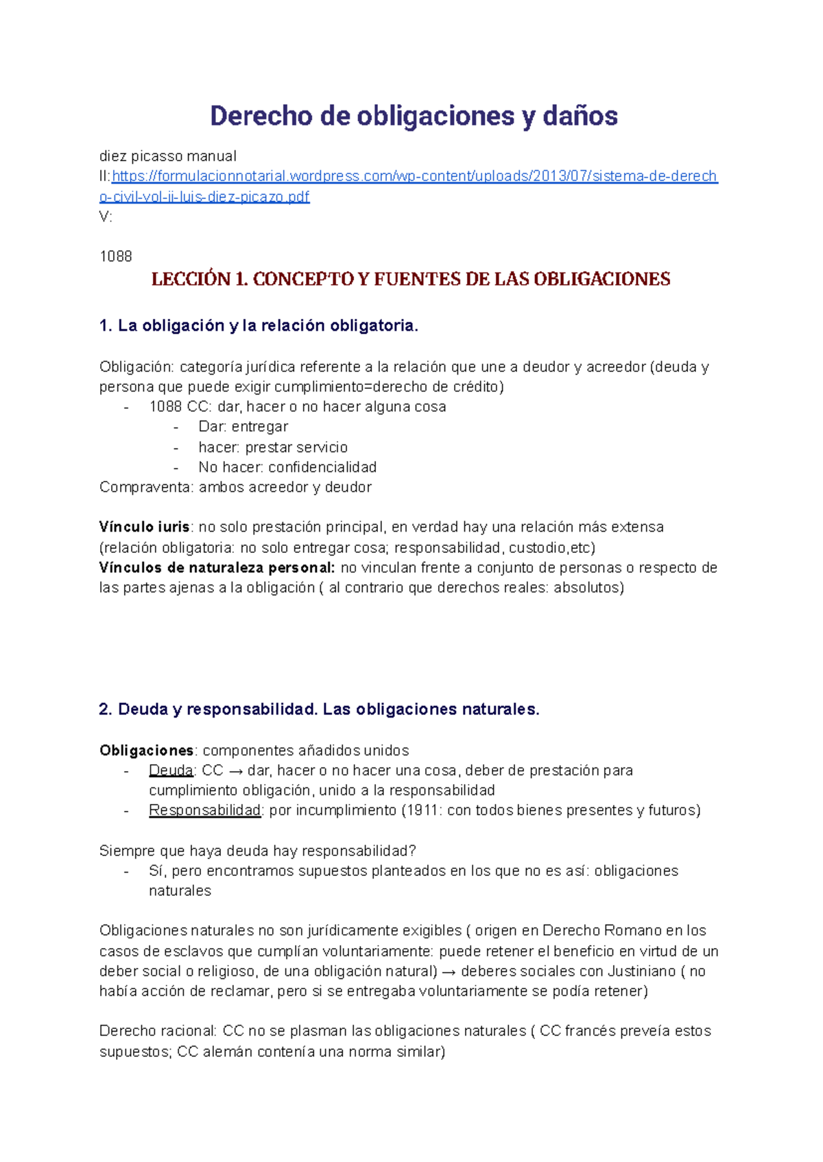 Derecho de Obligaciones y Daños: Manual V - Lecciones 1 a 14 - Studocu