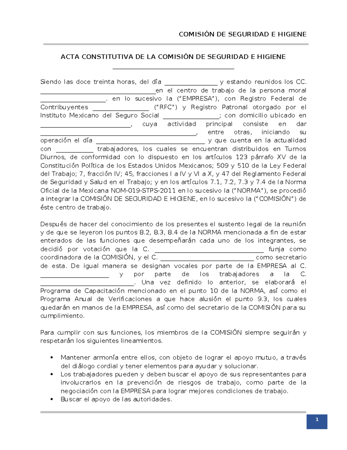 Acta Constitutiva de la Comisión de Seguridad e Higiene - Studocu