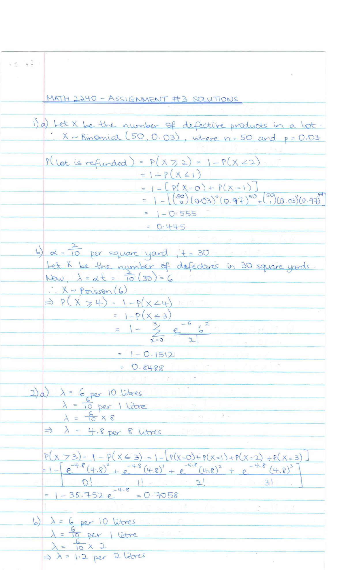 Questions #3a Solutions - MATH 2240 - ASSIGNMENT #3 SOLUTIONS 1) a) Let ...