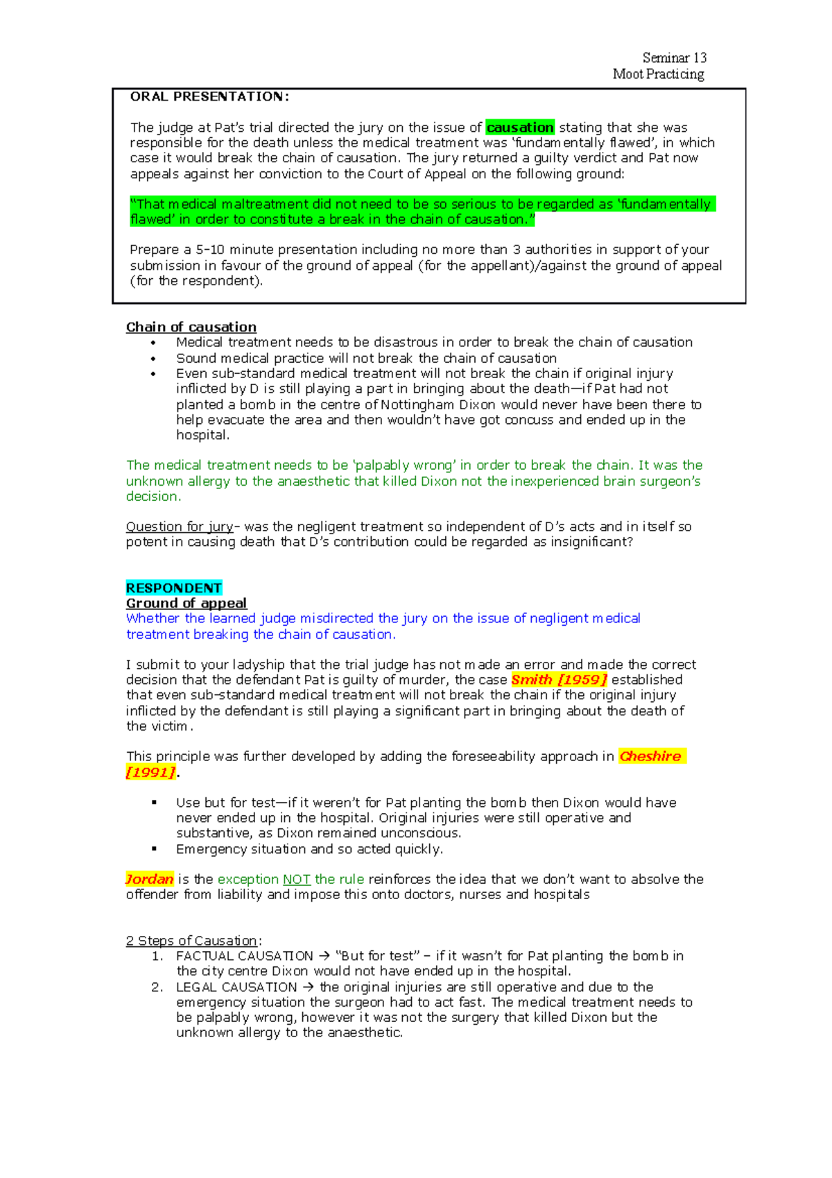 Homicide Chain of Causation: Oral Presentation Guide (Seminar 13) - Studocu