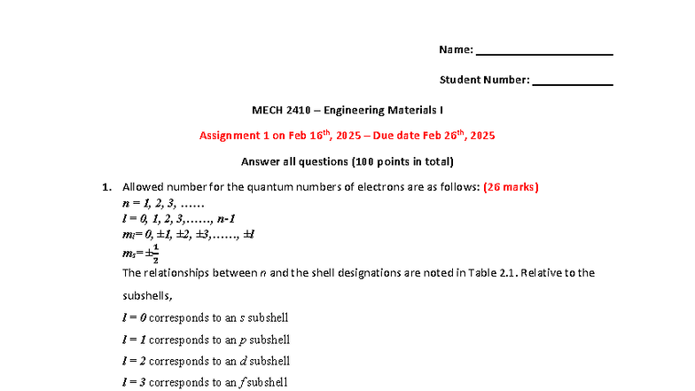 MECH 2410 Engineering Materials I Assignment 1 Solutions (2025) - Studocu
