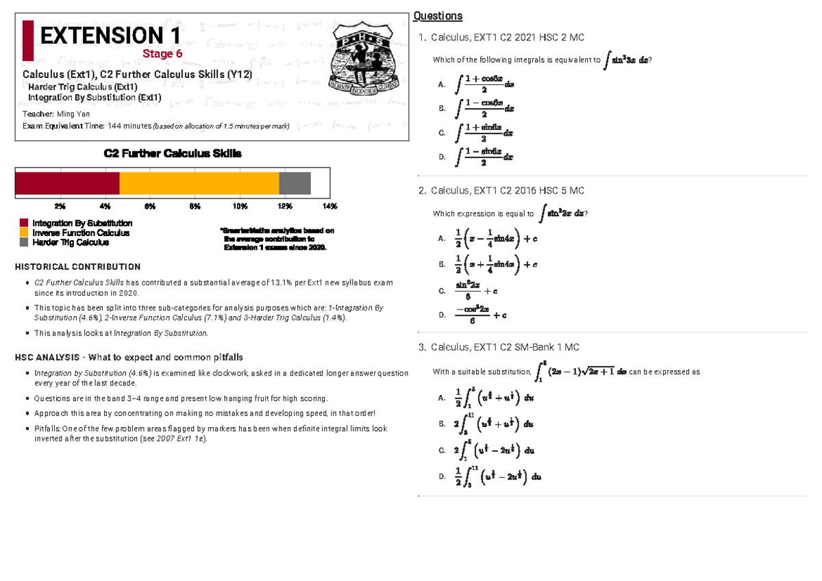 Further Calculus Skills: Integration & Substitution (EXT1 C2) Analysis ...