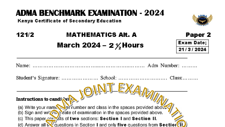 Adma Benchmark Examination 2024: Mathematics Alt. A Paper 2 - Studocu