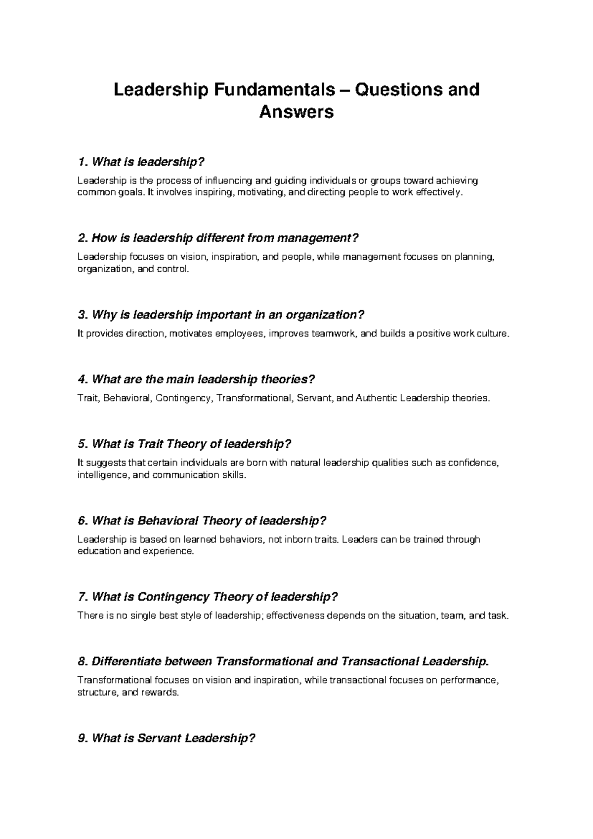 Leadership Fundamentals Q&A: Key Concepts and Theories - Studocu