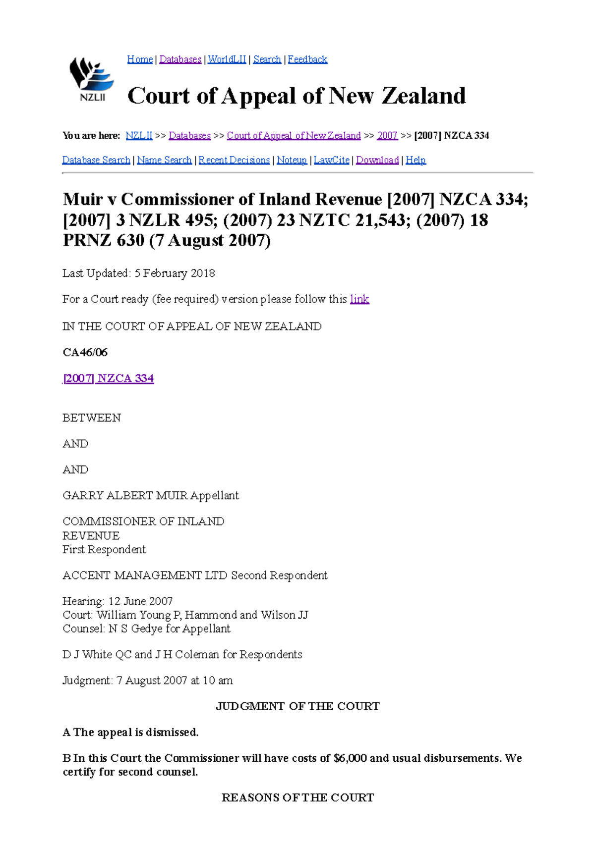 Muir v Commissioner of Inland Revenue [2007] NZCA 334: Case Analysis ...