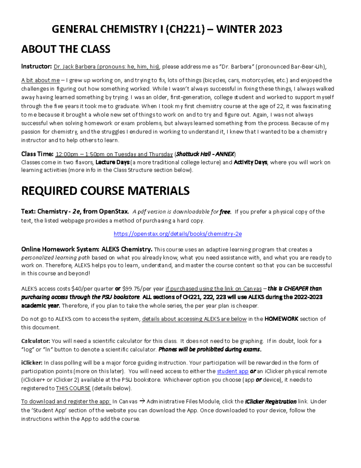 Winter 2023 CH221 General Chemistry I Syllabus and Class Info - Studocu