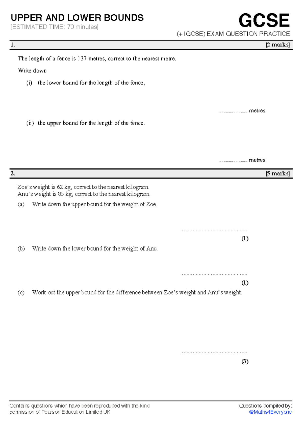 IGCSE Exam Question Practice: Upper and Lower Bounds - Studocu