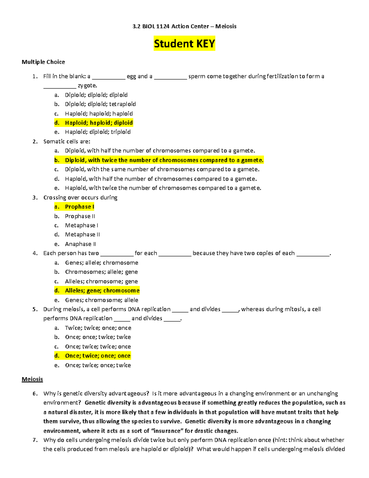 Practice Exam 3: BIOL 1124 Meiosis Key Concepts & Questions - Studocu