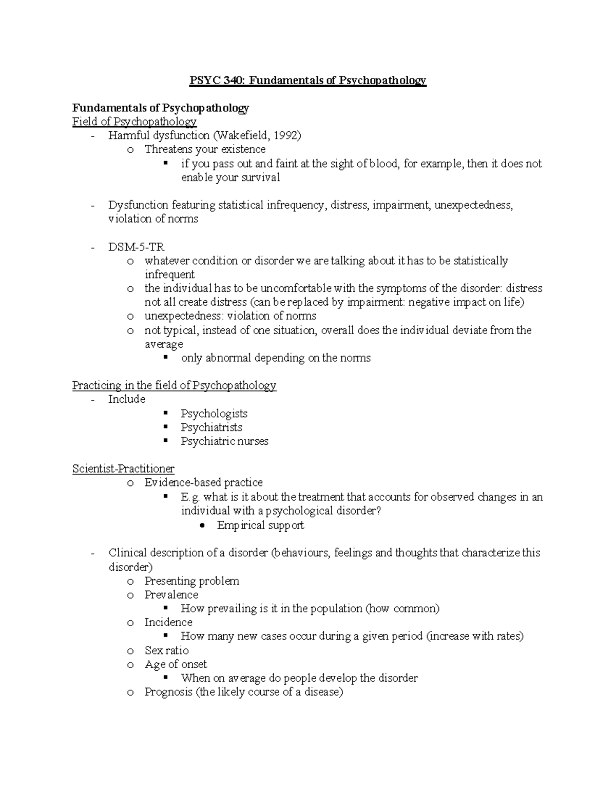 PSYC 340: Exam 1 Notes on Psychopathology Fundamentals - Studocu