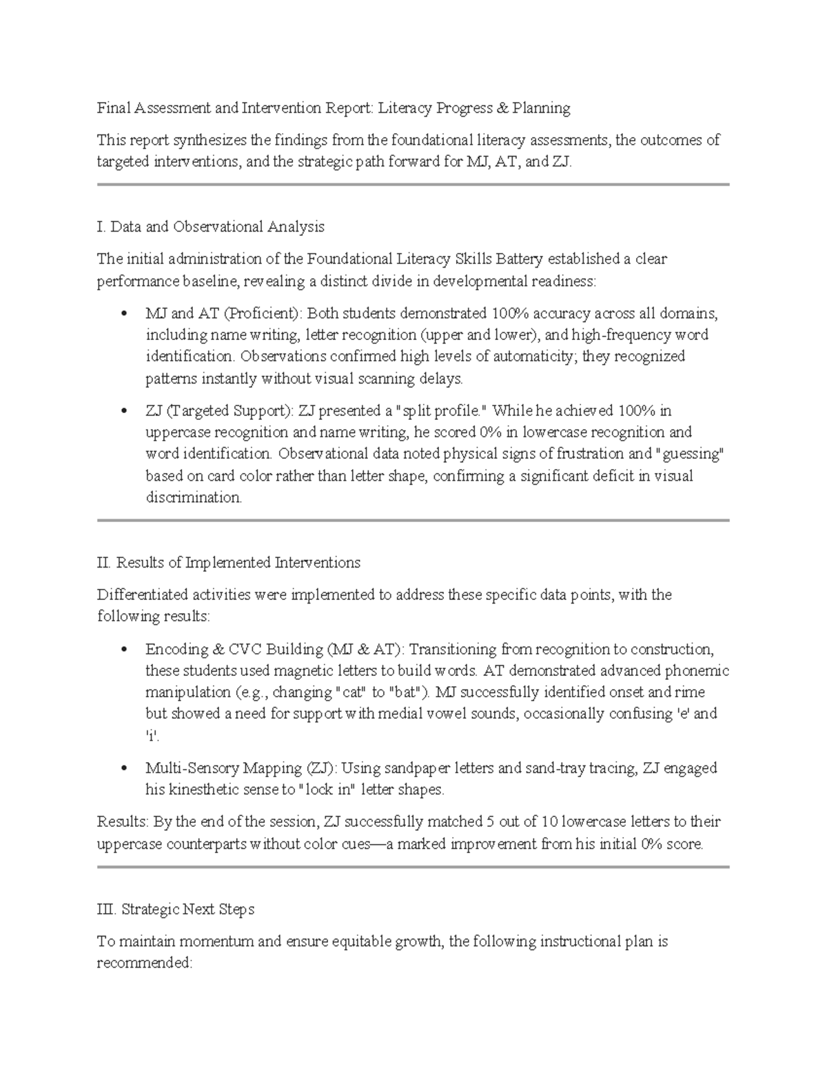Final Assessment Report: Literacy Progress for CF WK8435 - Studocu