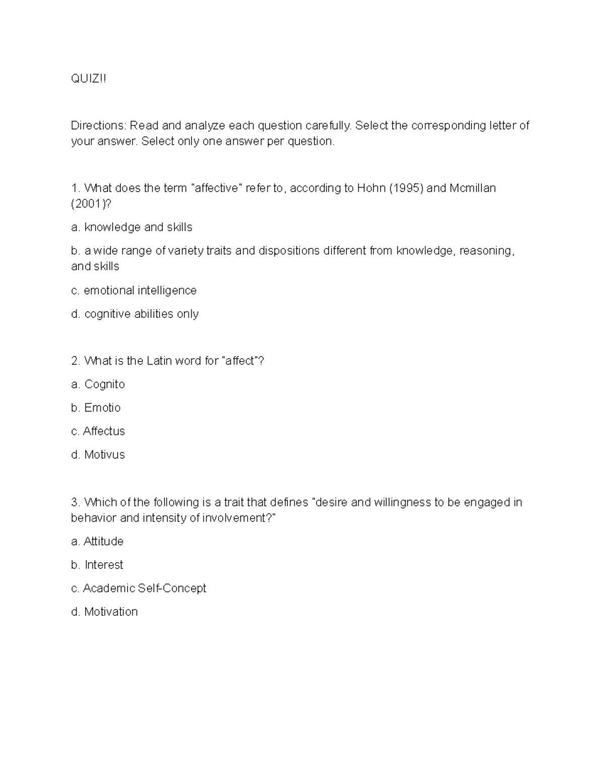 QUIZ - V BG: Analyzing Affective Domain and Assessment Tools - Studocu