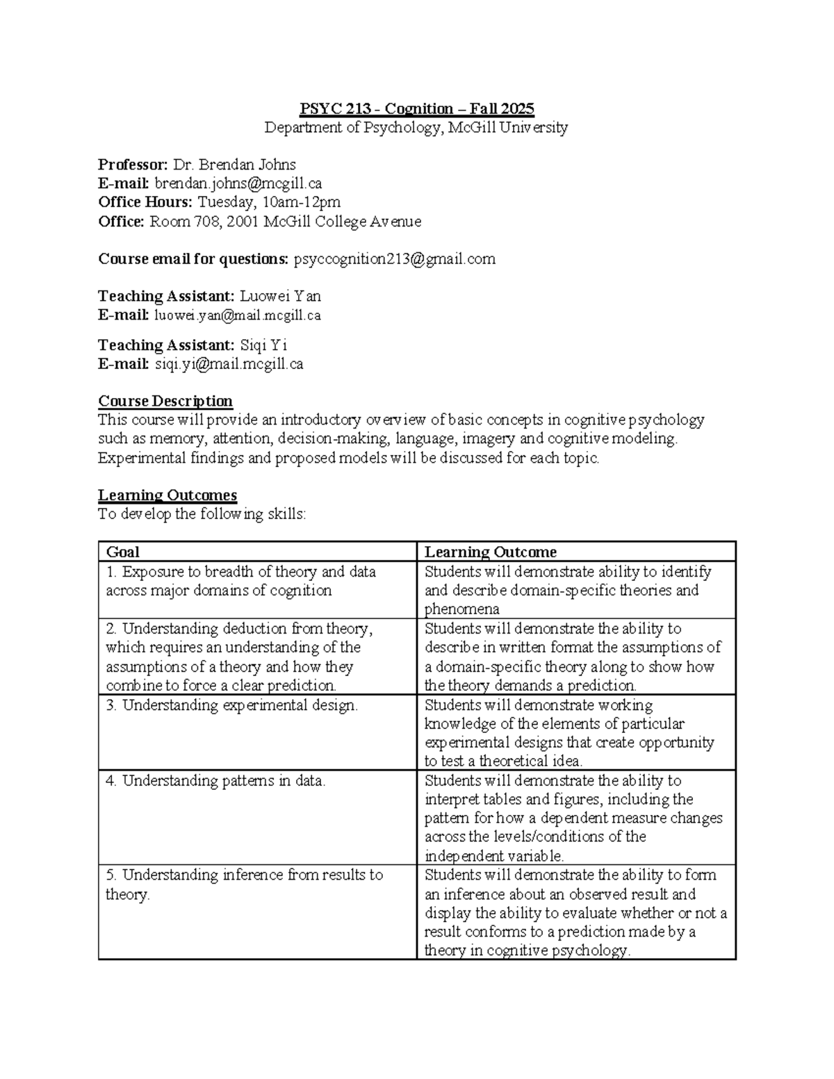 PSYC 213 F2025 Syllabus: Introduction to Cognitive Psychology - Studocu