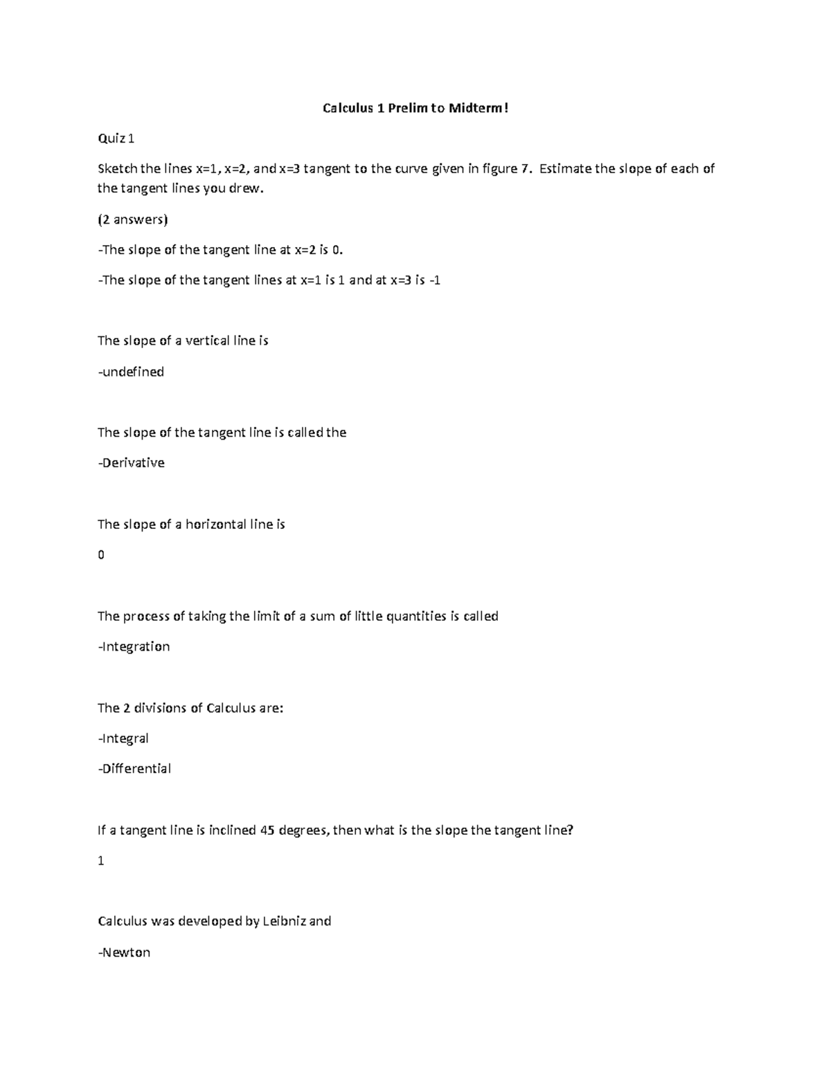 Calculus 1 Midterm Quiz Notes and Problem Solutions - Studocu