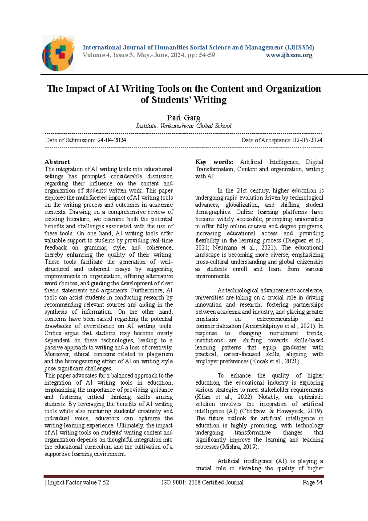 The Impact of AI Writing Tools on Student Writing: IJHSSM Vol 4, Issue ...
