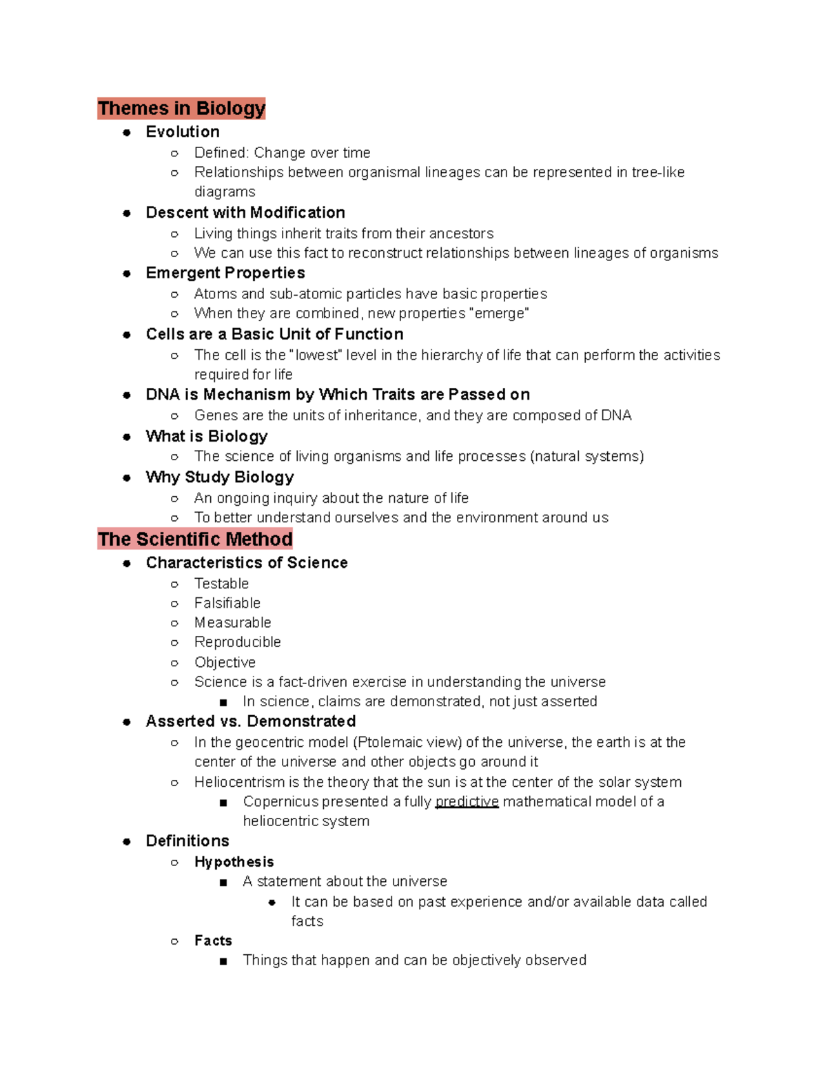 Bio 211 - Principles of Biology I: Key Themes and the Scientific Method ...