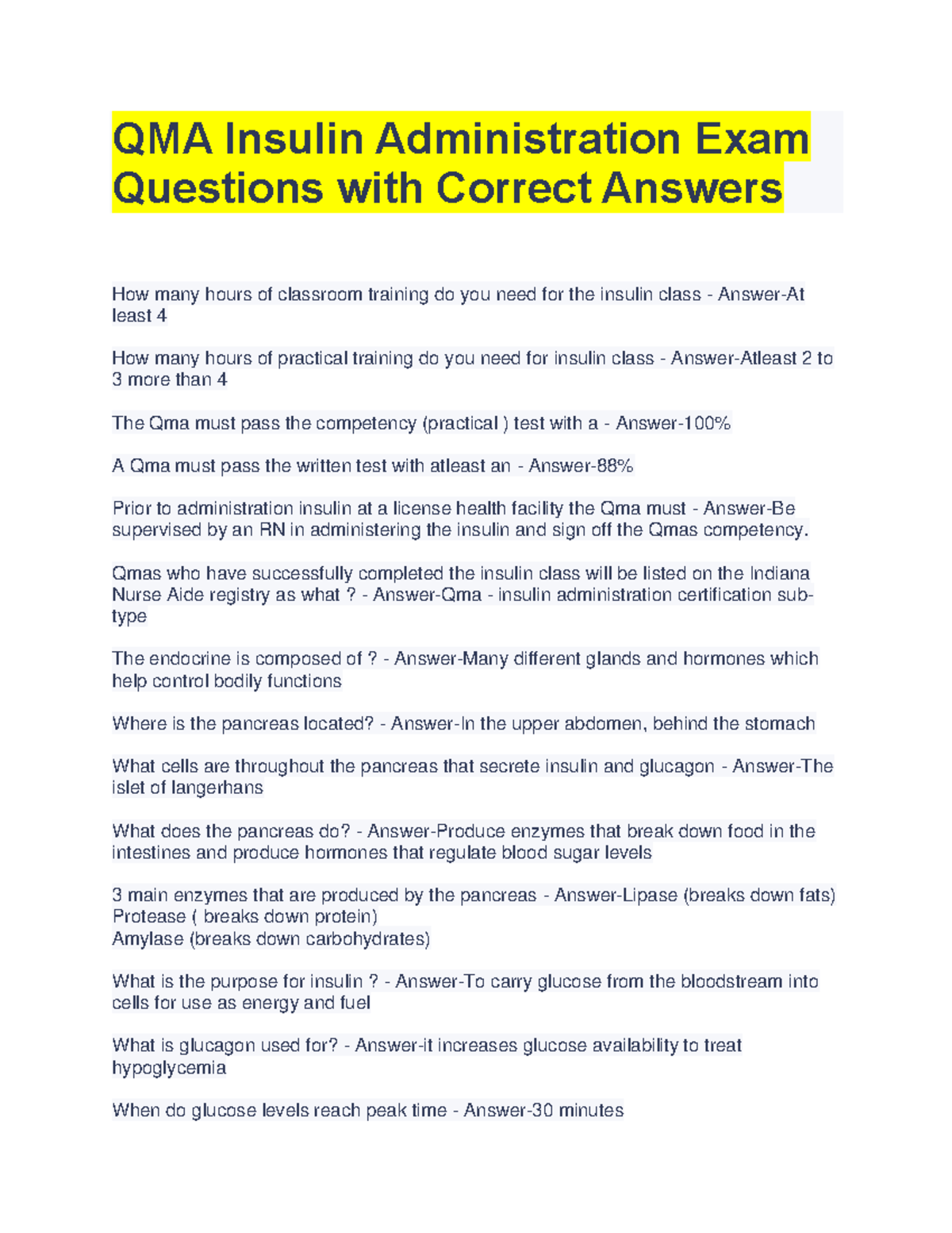 QMA Insulin Administration Exam: Key Questions & Correct Answers - Studocu