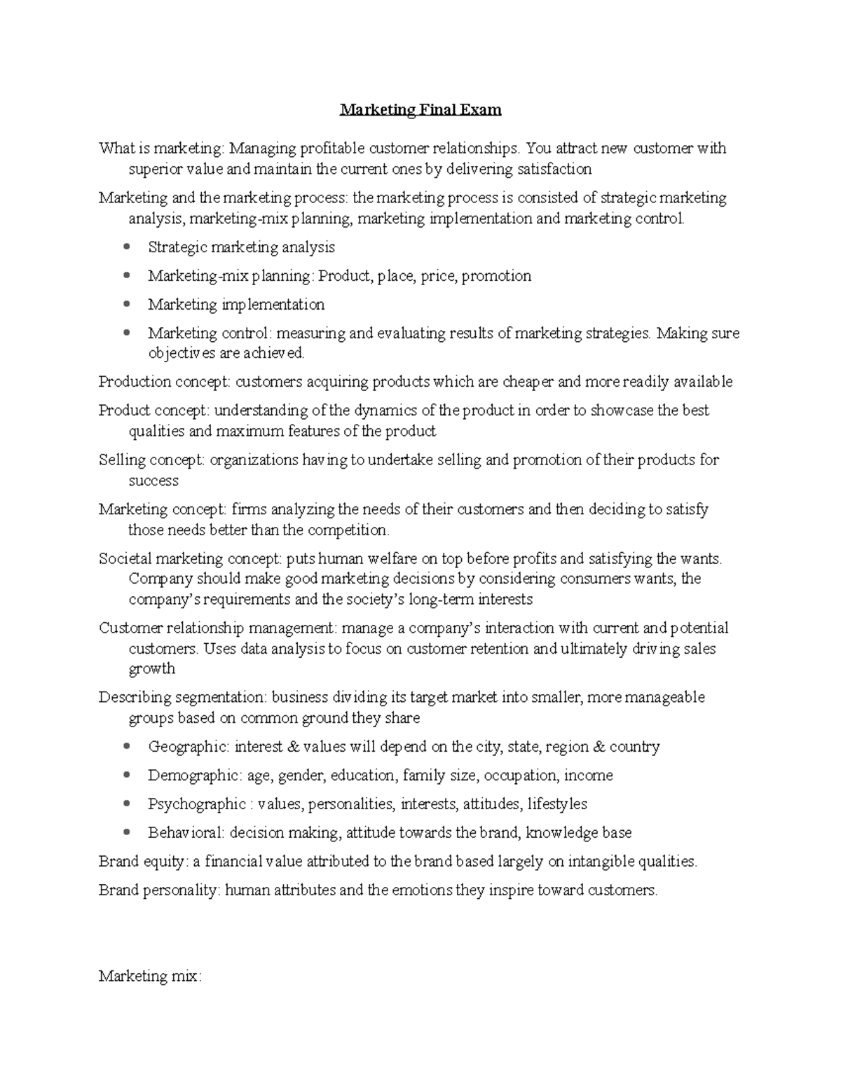 Marketing Final Exam - Marketing Final Exam What is marketing: Managing ...