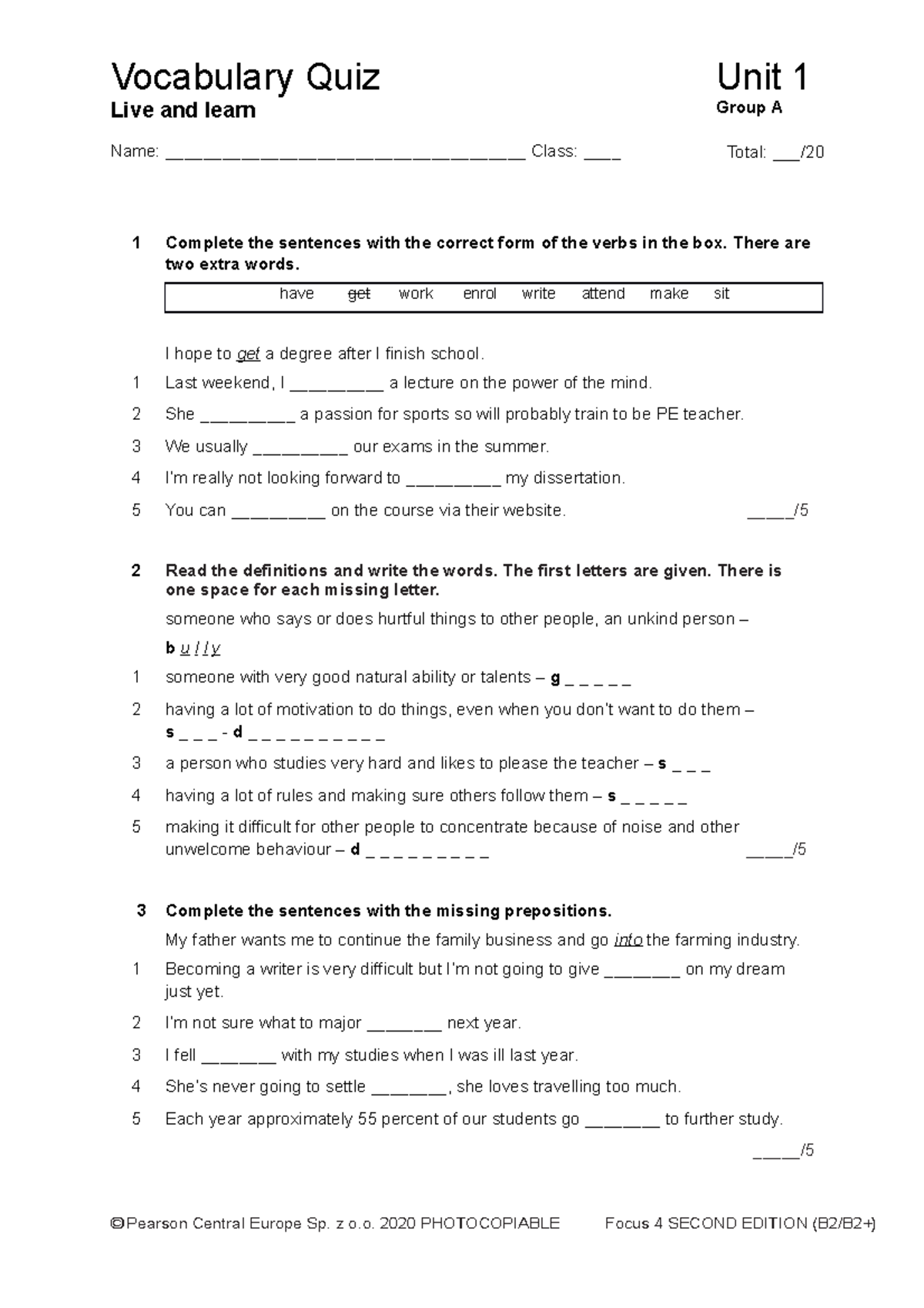Focus 4 2E Vocabulary Quiz Unit1 Group A 1kol - Vocabulary Quiz Unit 1 ...
