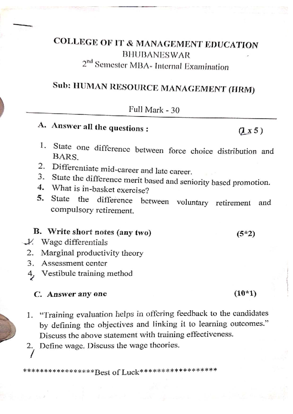 2nd Semester Internal Examination Questions for HRM, Finance, and ...