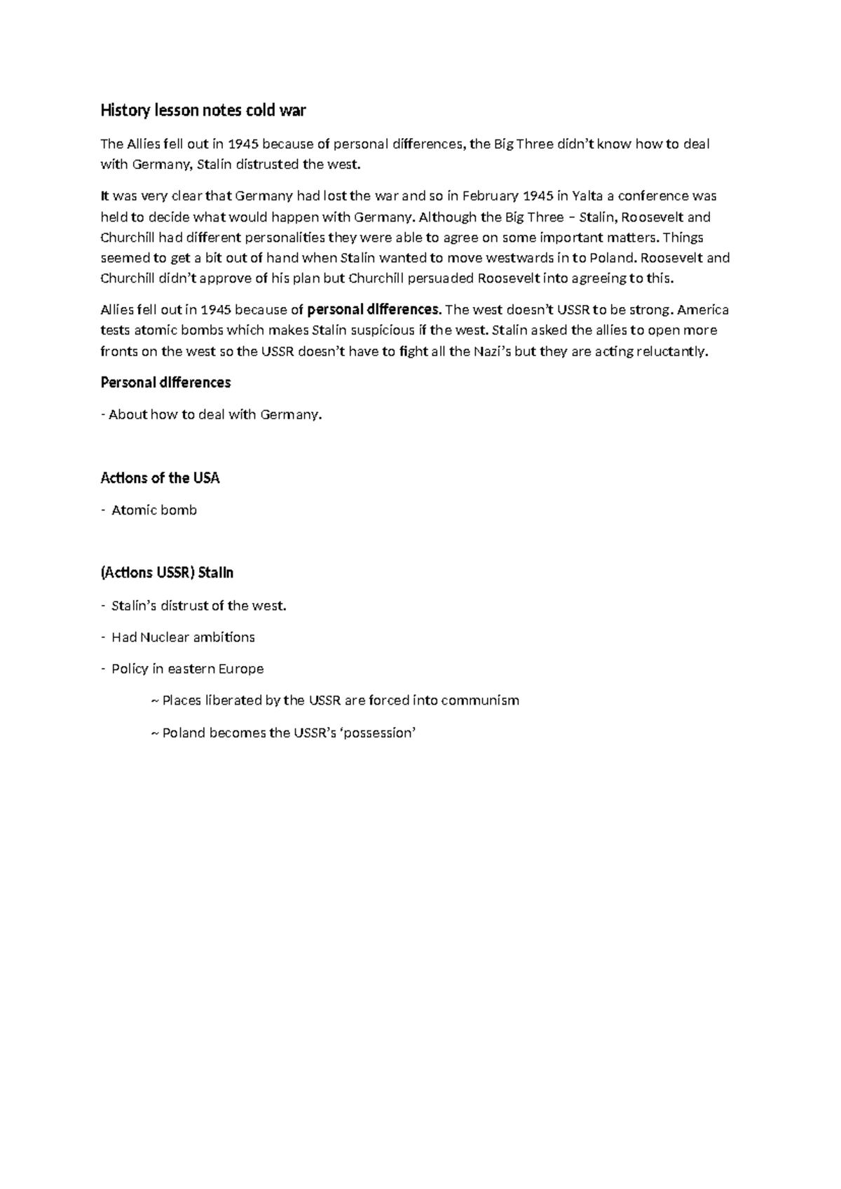 History Lesson Notes: The Cold War Dynamics and Events - Studeersnel