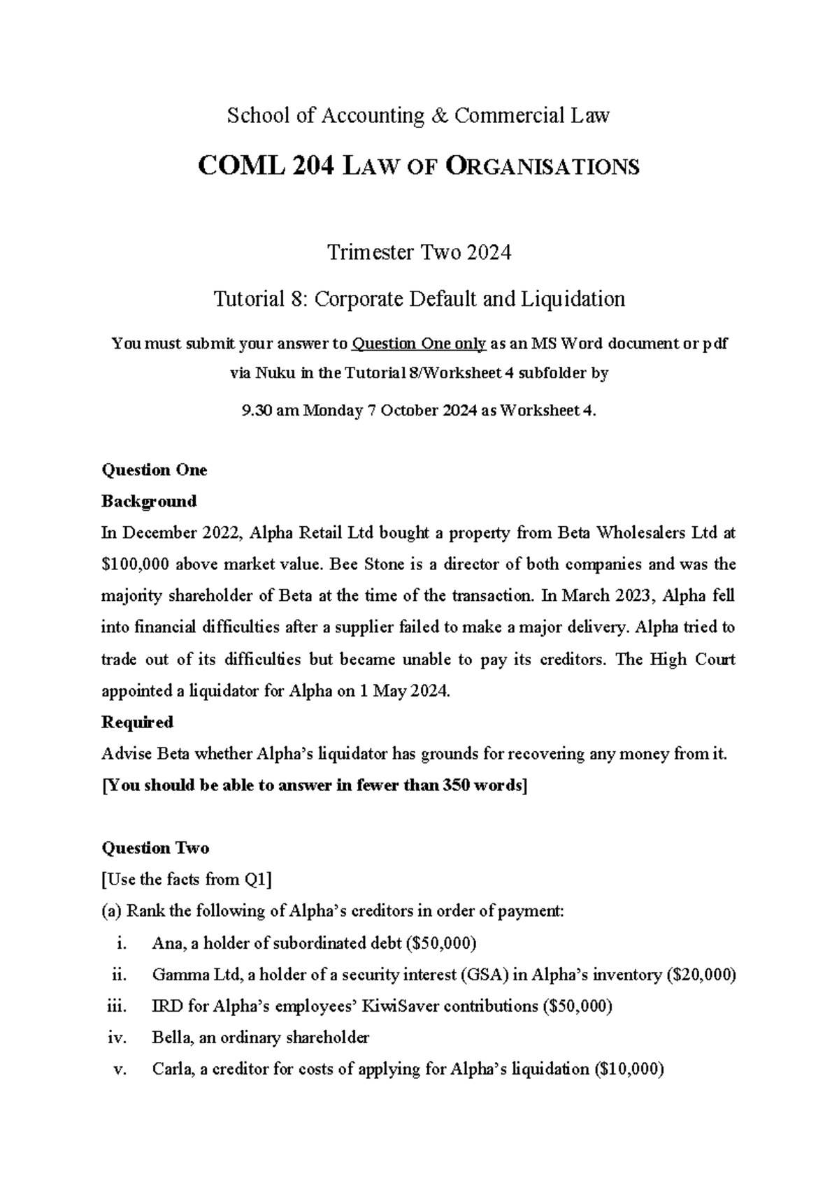 Tutorial 8: Corporate Default & Liquidation COML 204 - Trimester 2 2024 ...