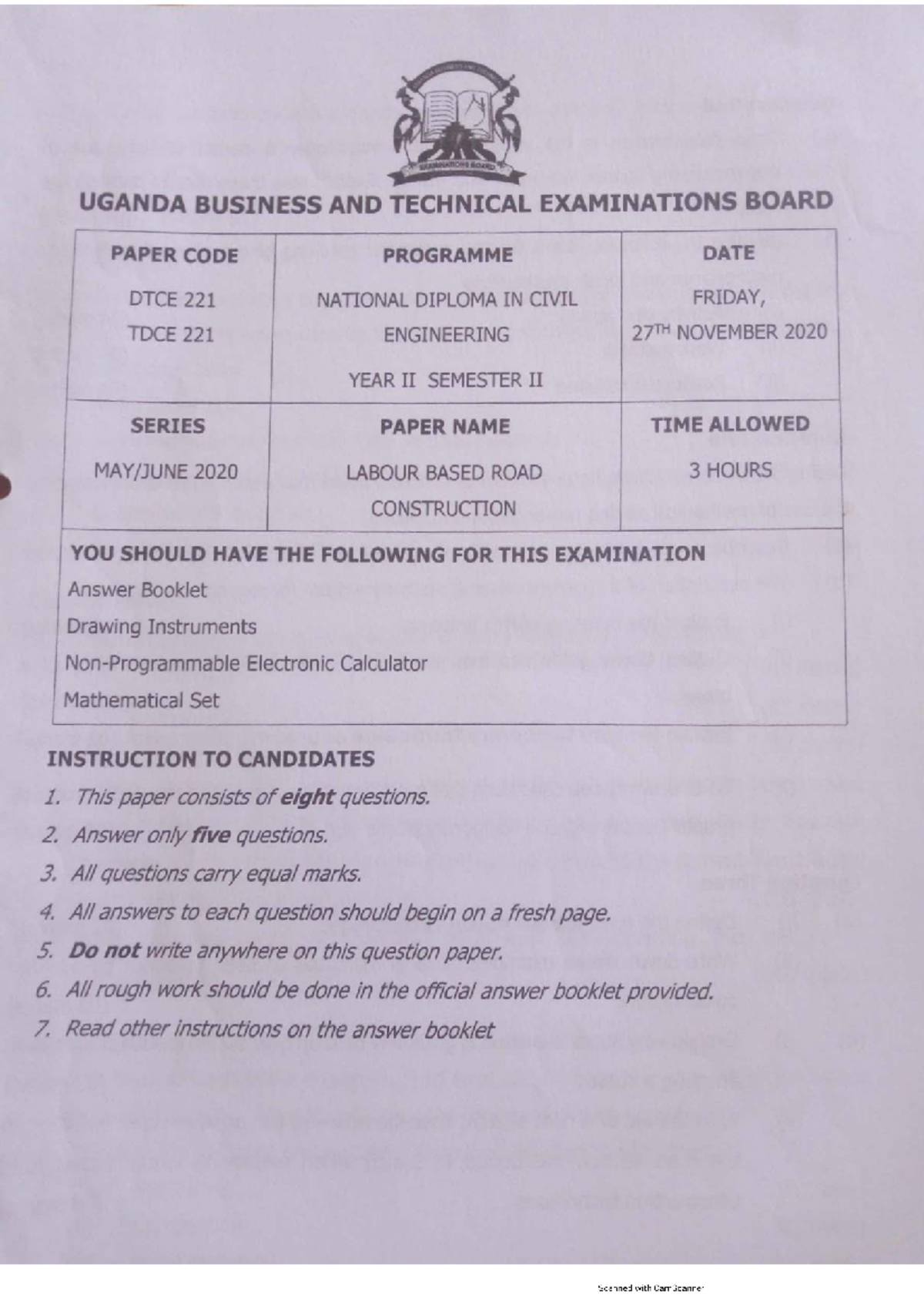 DTCE 221 Labour Based Road Construction Exam Paper - Nov 2020 - Studocu