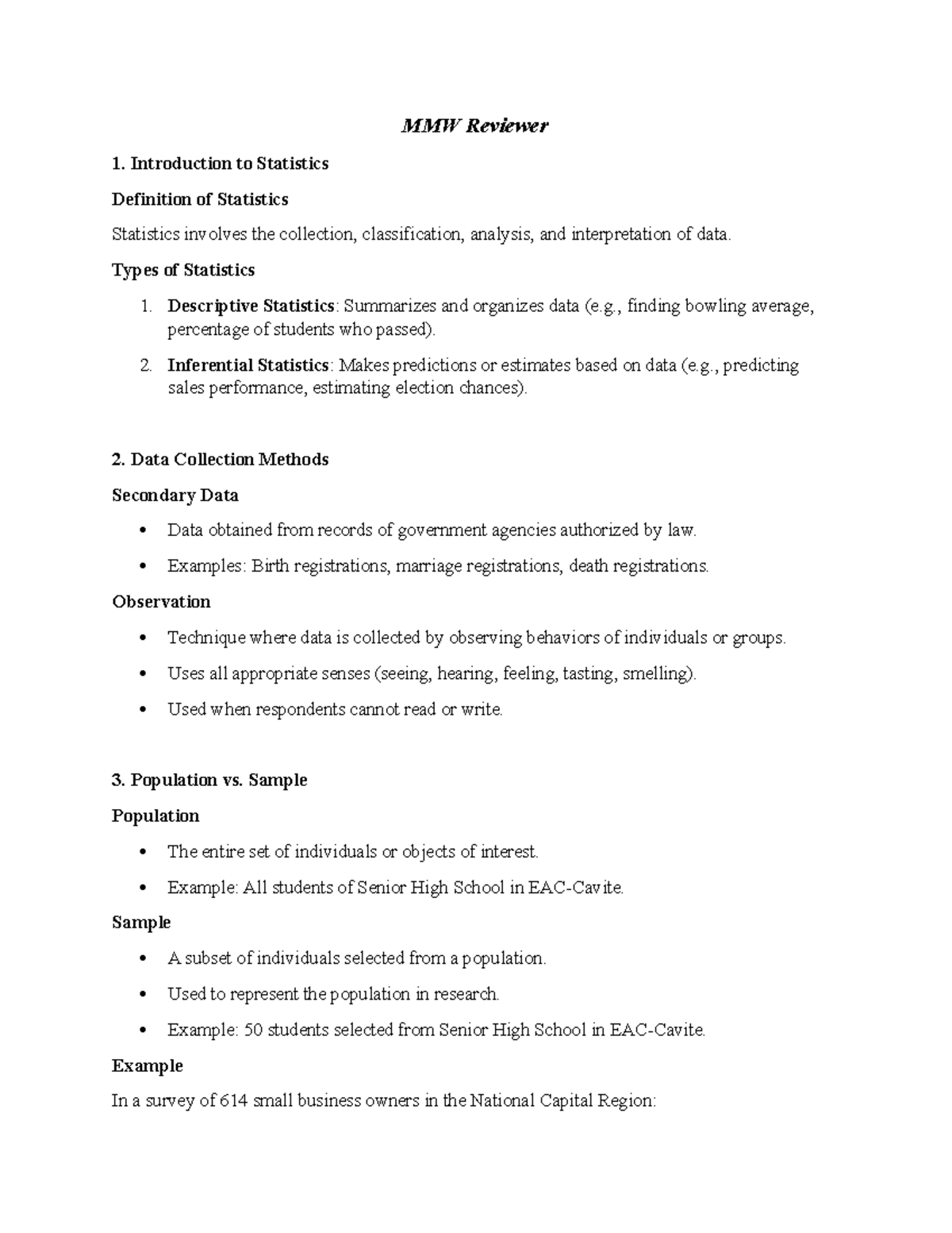 MMW-Reviewer-Midterm - MMW Reviewer 1. Introduction to Statistics ...