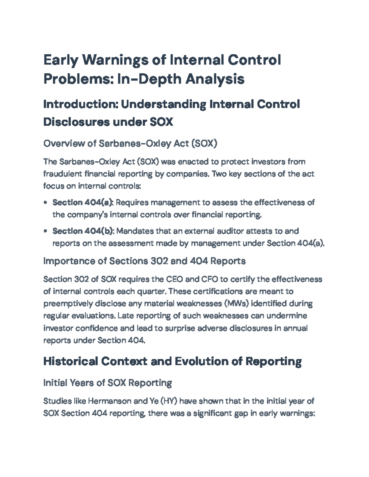 Early Warnings of Internal Control Problems: A SOX Analysis (FIN-301 ...