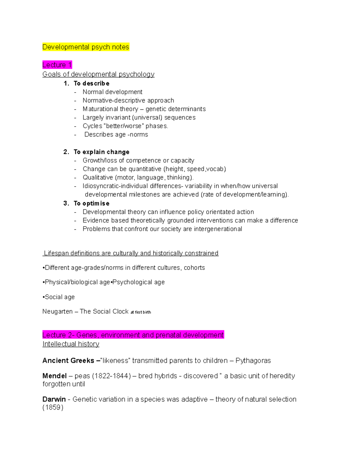 Developmental Psychology Lecture Notes (PSY 101): Key Concepts ...
