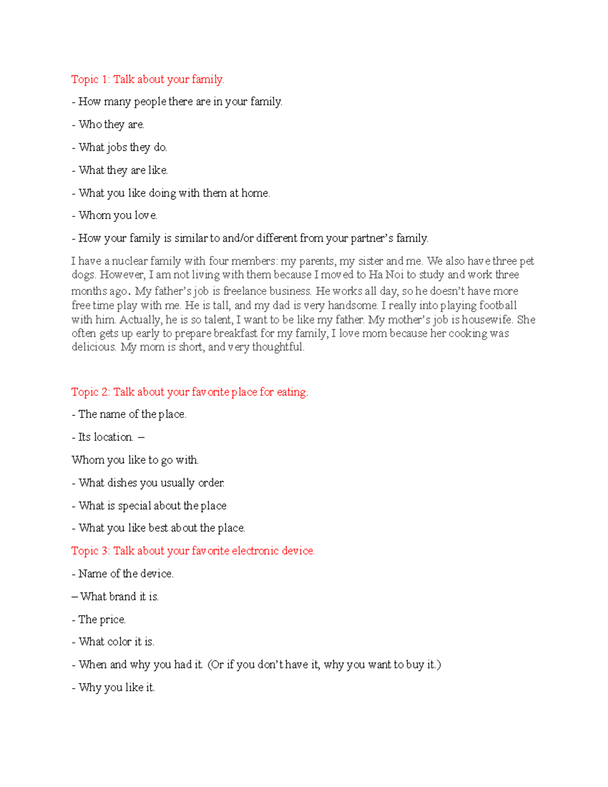 10 topic để học - good - Topic 1: Talk about your family. How many ...