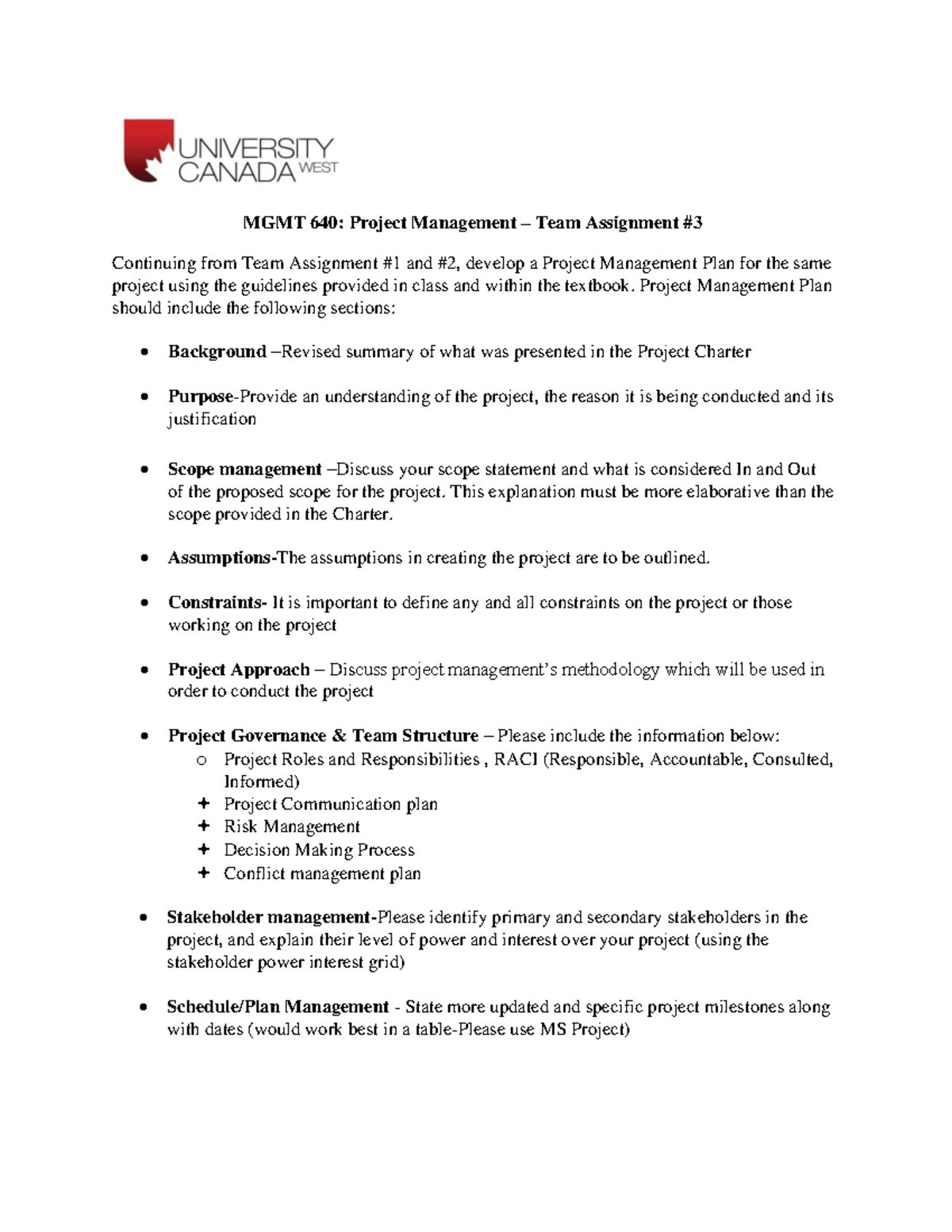 MGMT 640: Project Management Team Assignment #3 Overview and Plan - Studocu