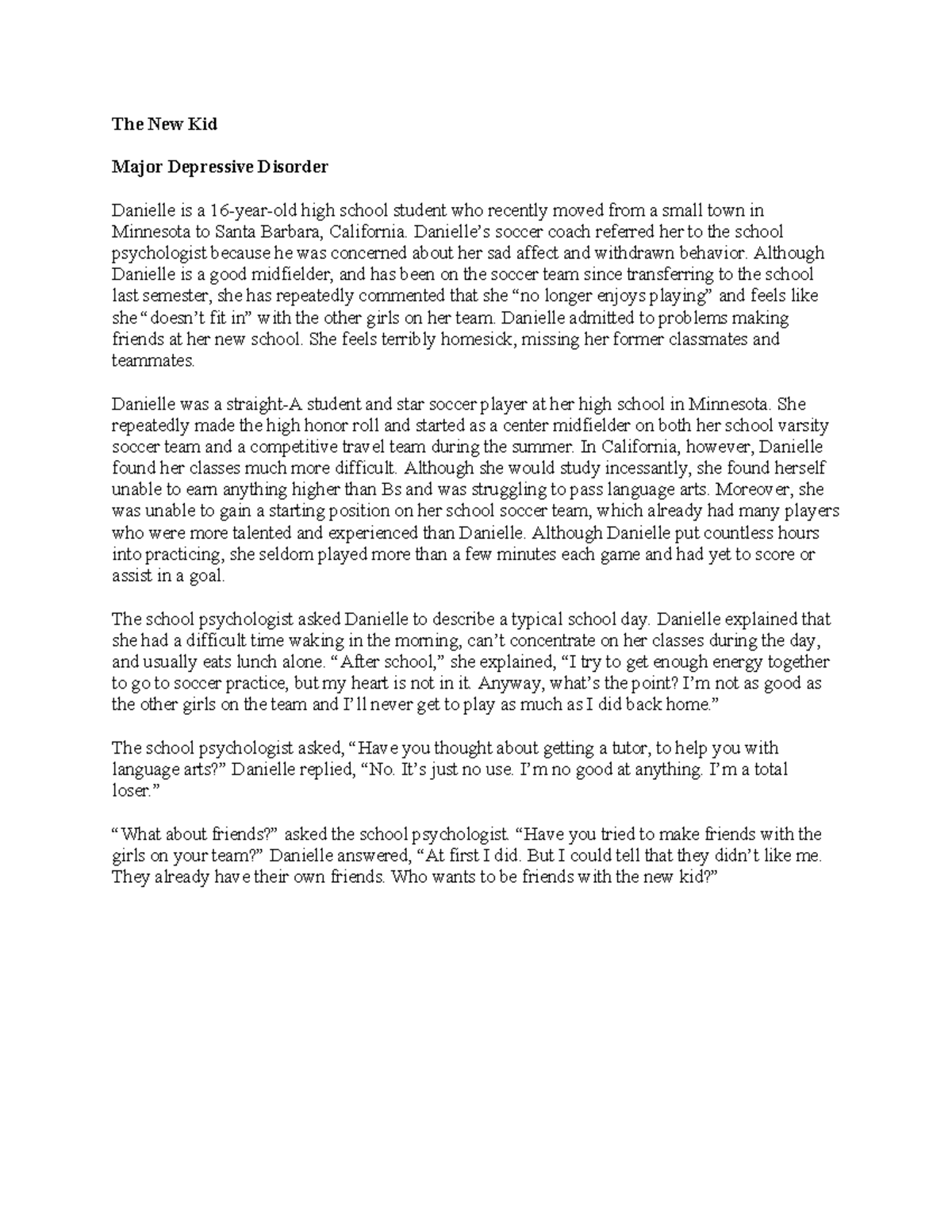 Case Study 23: Major Depressive Disorder in a New Student - Studocu