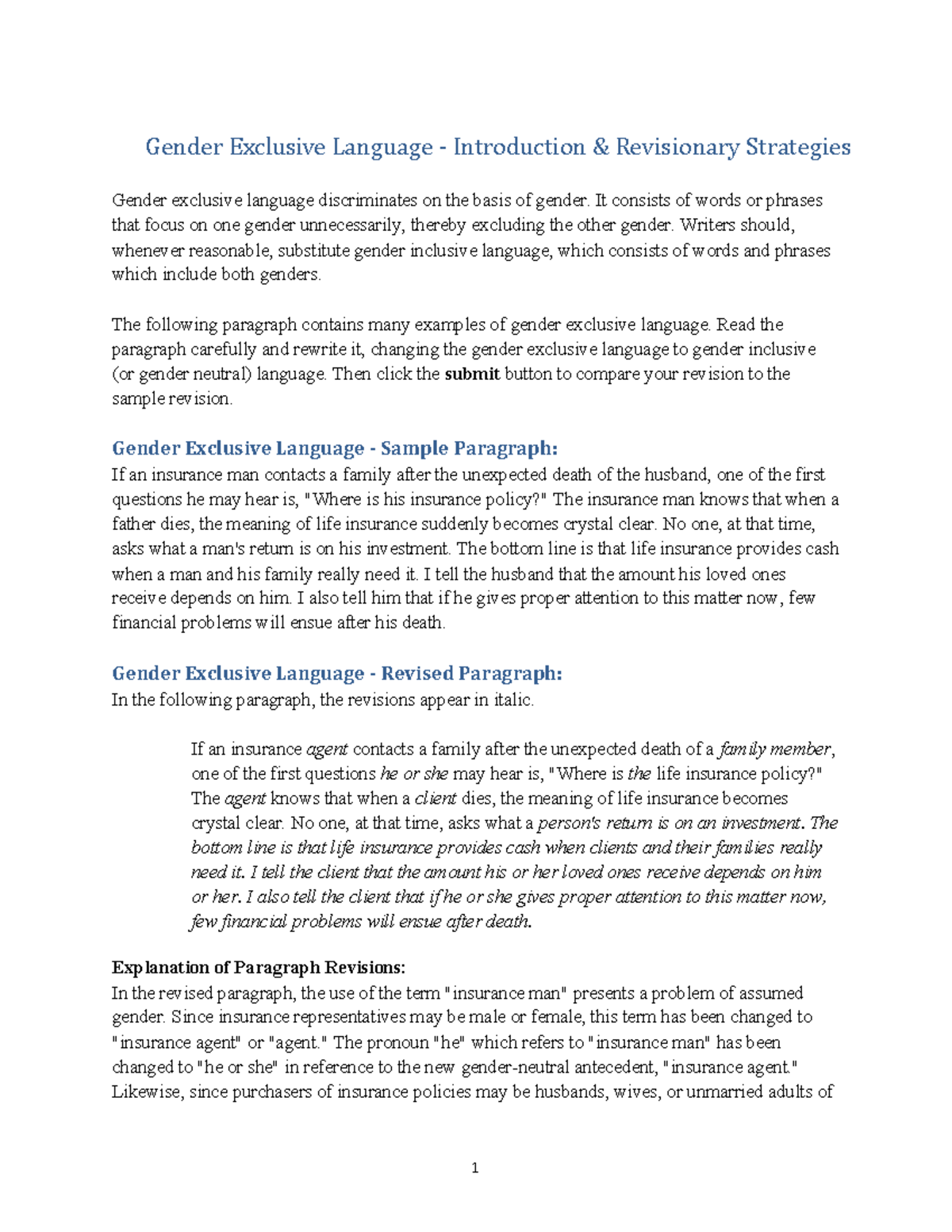 Gender Inclusive Language Strategies - Revision Exercise - Studocu