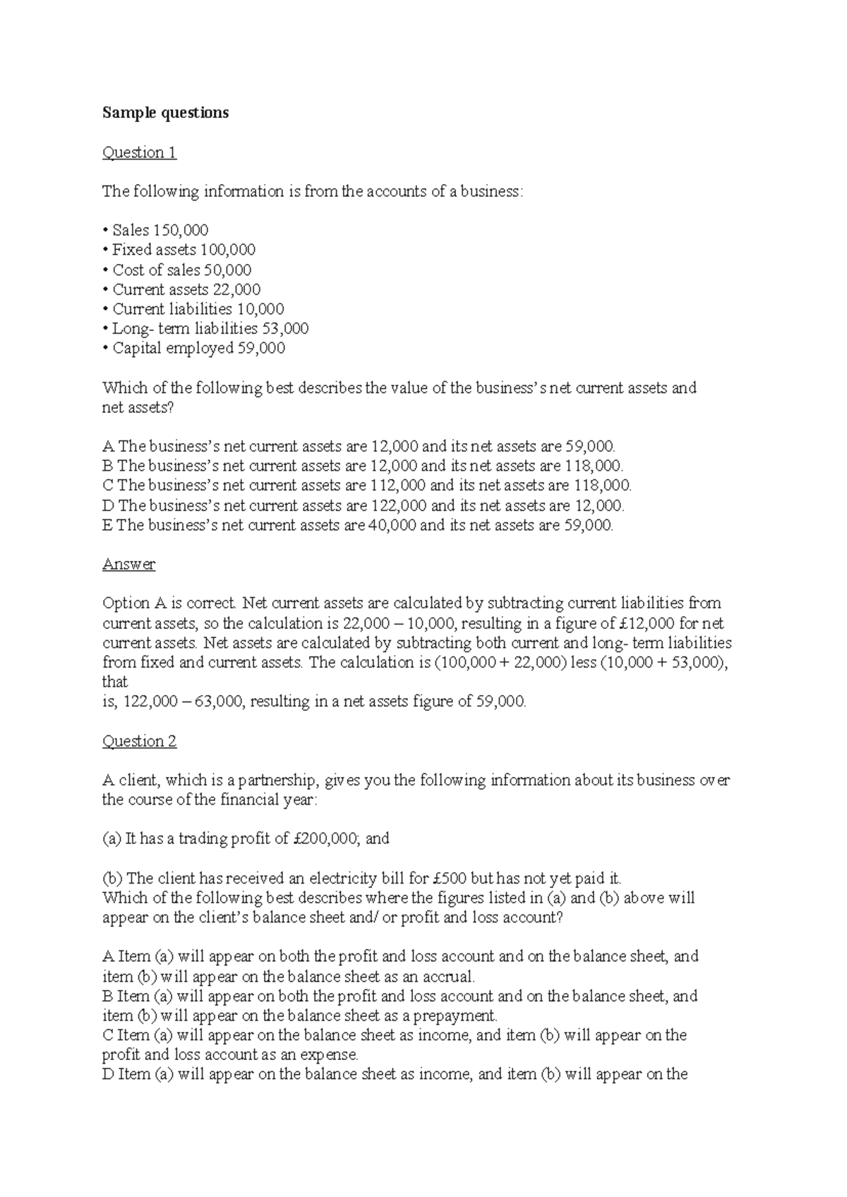 Business Accounts Sample Questions 2024 - Sample questions Question 1 ...