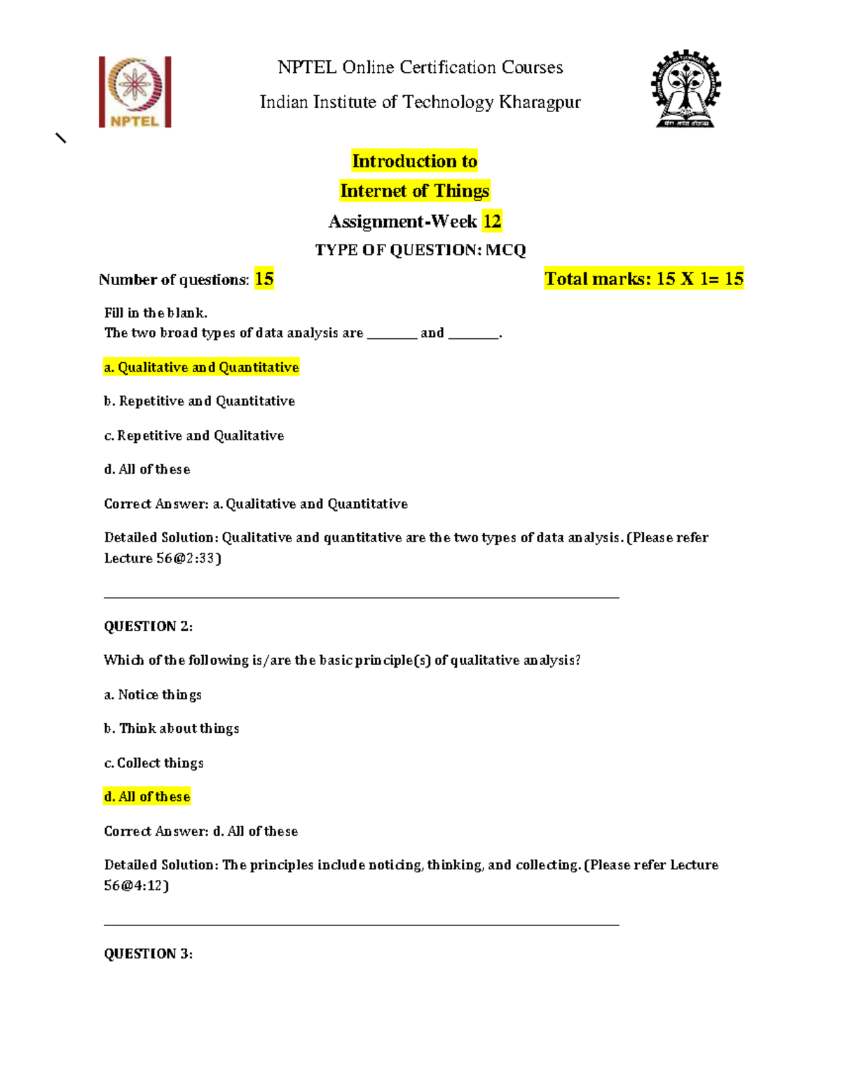 NPTEL IIT Kharagpur Assignment 12 Solutions: IoT MCQs and Analysis ...
